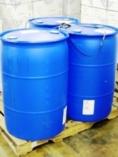 3 blue 55 gallon drums on pallet